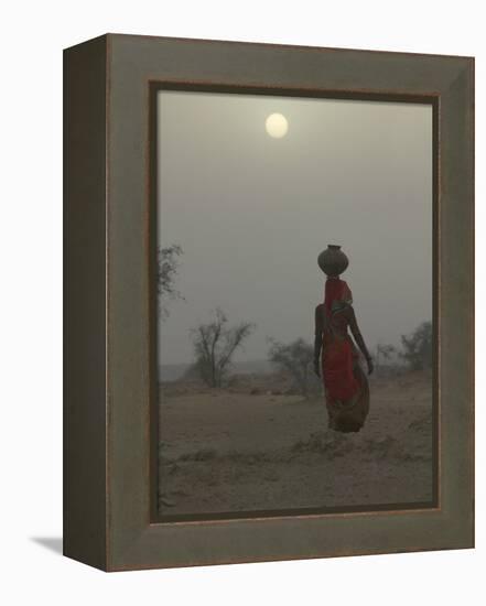 Woman Carrying Water Jar in Sand Storm, Thar Desert, Rajasthan, India-Keren Su-Framed Premier Image Canvas