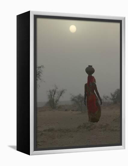 Woman Carrying Water Jar in Sand Storm, Thar Desert, Rajasthan, India-Keren Su-Framed Premier Image Canvas