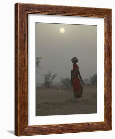 Woman Carrying Water Jar in Sand Storm, Thar Desert, Rajasthan, India-Keren Su-Framed Photographic Print