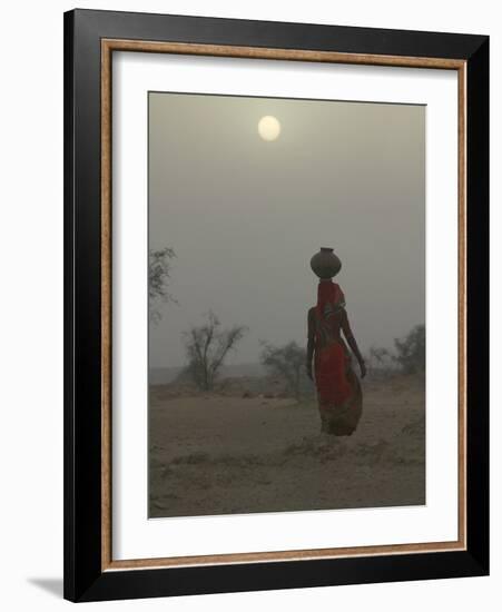 Woman Carrying Water Jar in Sand Storm, Thar Desert, Rajasthan, India-Keren Su-Framed Photographic Print