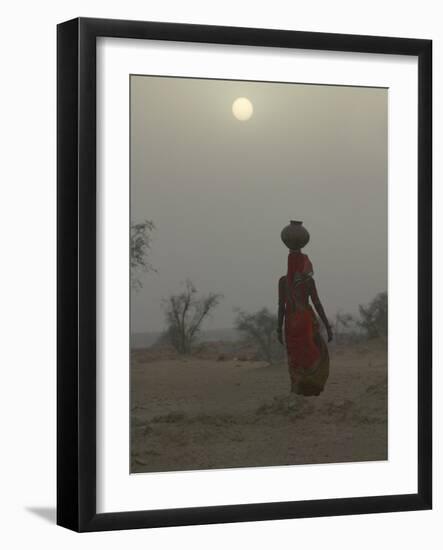 Woman Carrying Water Jar in Sand Storm, Thar Desert, Rajasthan, India-Keren Su-Framed Photographic Print