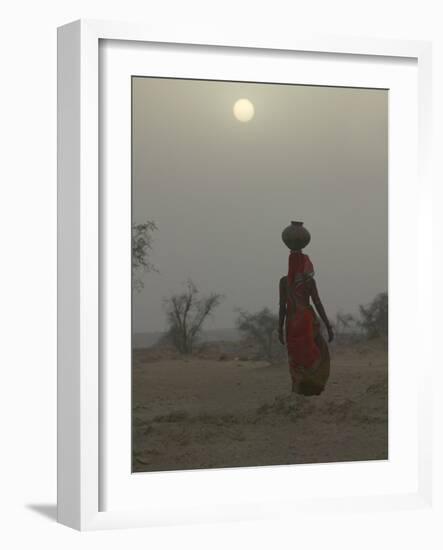 Woman Carrying Water Jar in Sand Storm, Thar Desert, Rajasthan, India-Keren Su-Framed Photographic Print