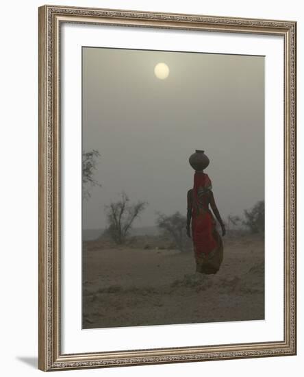 Woman Carrying Water Jar in Sand Storm, Thar Desert, Rajasthan, India-Keren Su-Framed Photographic Print