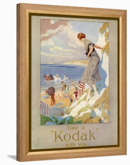 Woman Cautiously Descends a Cliff Path to the Beach Clutching Her Precious Kodak-null-Framed Premier Image Canvas