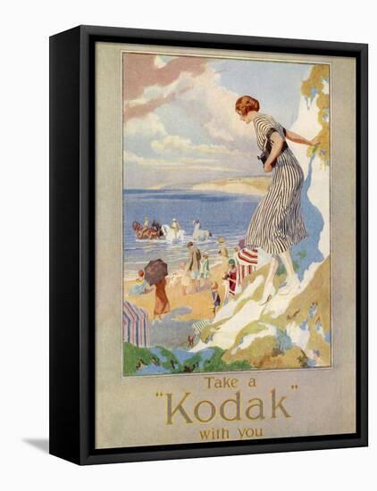 Woman Cautiously Descends a Cliff Path to the Beach Clutching Her Precious Kodak-null-Framed Premier Image Canvas