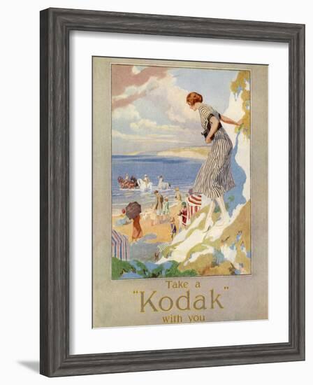 Woman Cautiously Descends a Cliff Path to the Beach Clutching Her Precious Kodak-null-Framed Photographic Print