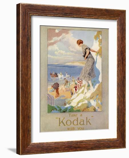 Woman Cautiously Descends a Cliff Path to the Beach Clutching Her Precious Kodak-null-Framed Photographic Print