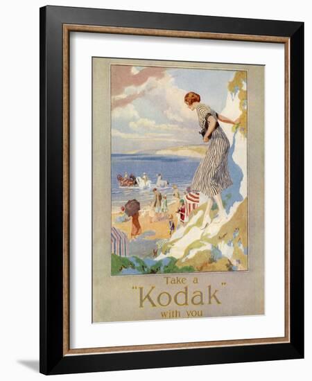 Woman Cautiously Descends a Cliff Path to the Beach Clutching Her Precious Kodak-null-Framed Photographic Print