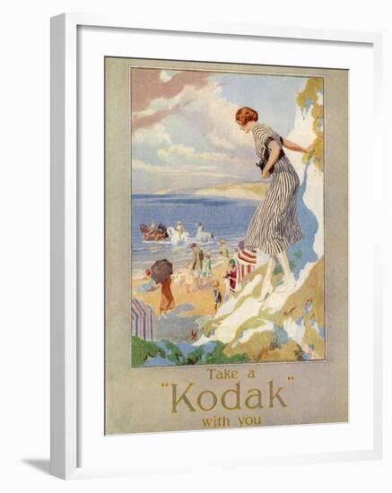 Woman Cautiously Descends a Cliff Path to the Beach Clutching Her Precious Kodak-null-Framed Photographic Print