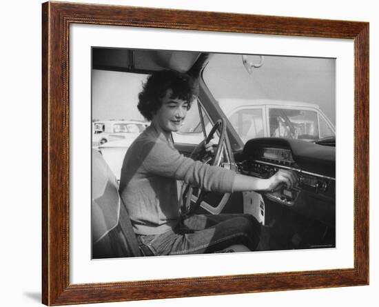 Woman Checks Out the New Ford, During the Huge Auto Promotion Scheme to Show New Fords-Francis Miller-Framed Photographic Print