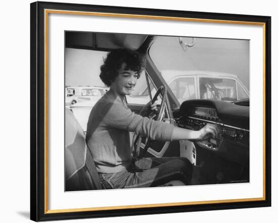 Woman Checks Out the New Ford, During the Huge Auto Promotion Scheme to Show New Fords-Francis Miller-Framed Photographic Print