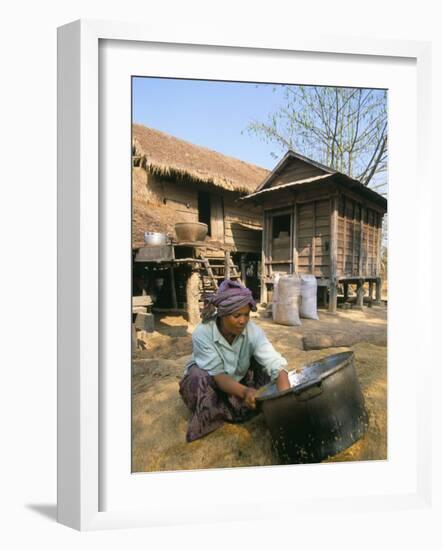 Woman Cleaning Pot Outside Her House, Near Siem Reap, Cambodia, Indochina, Southeast Asia-Jane Sweeney-Framed Photographic Print