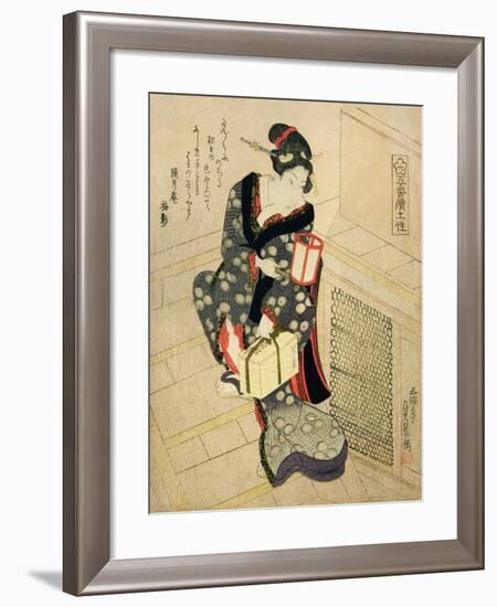 Woman Climbing the Stairs Holding a Lamp and a Box-Utagawa Sadakage-Framed Giclee Print