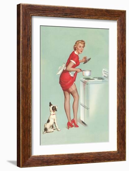 Woman Cooking in Short Skirt-null-Framed Premium Giclee Print