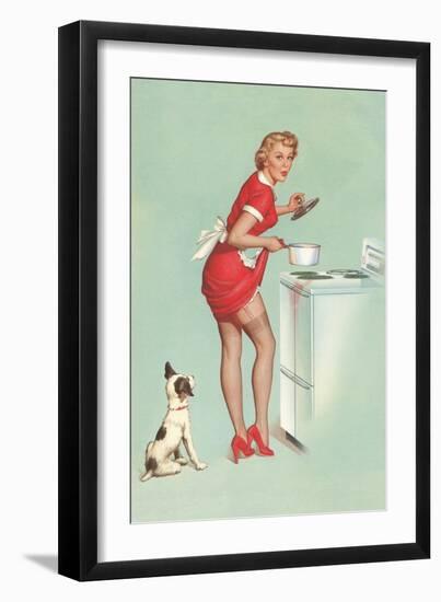 Woman Cooking in Short Skirt-null-Framed Premium Giclee Print