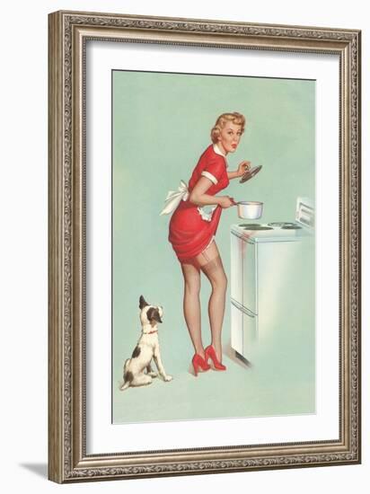 Woman Cooking in Short Skirt-null-Framed Art Print