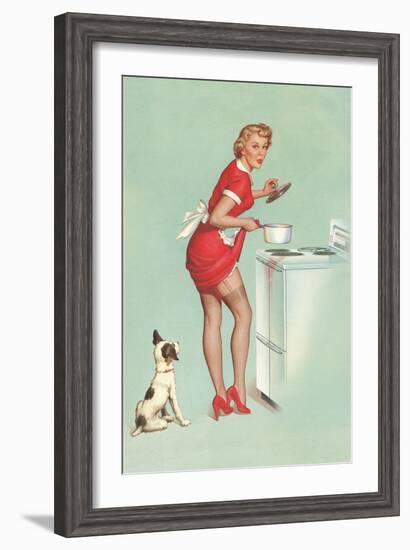 Woman Cooking in Short Skirt-null-Framed Art Print