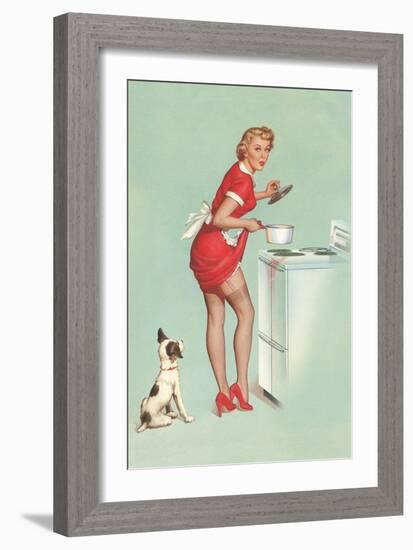 Woman Cooking in Short Skirt-null-Framed Art Print