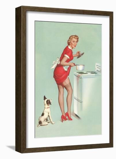 Woman Cooking in Short Skirt-null-Framed Art Print