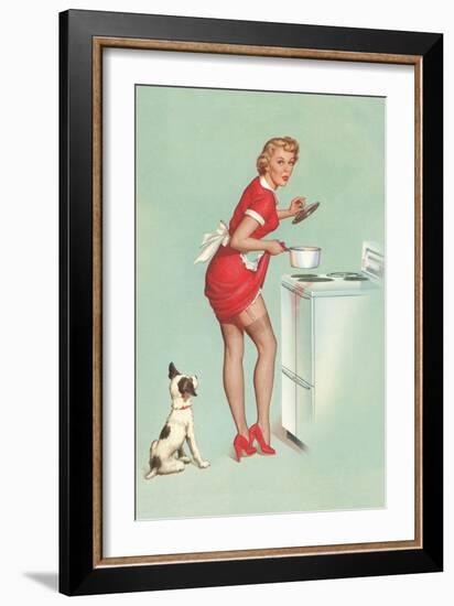 Woman Cooking in Short Skirt-null-Framed Art Print