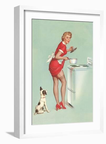 Woman Cooking in Short Skirt-null-Framed Art Print