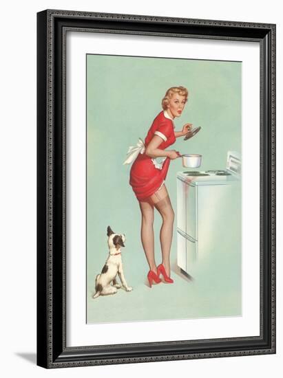 Woman Cooking in Short Skirt-null-Framed Art Print