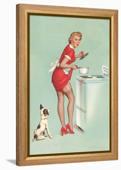 Woman Cooking in Short Skirt-null-Framed Stretched Canvas