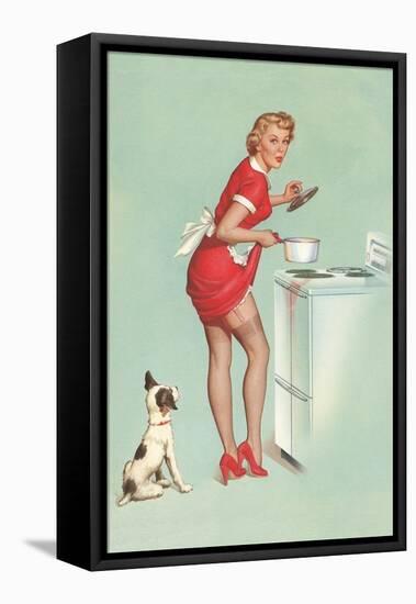 Woman Cooking in Short Skirt-null-Framed Stretched Canvas