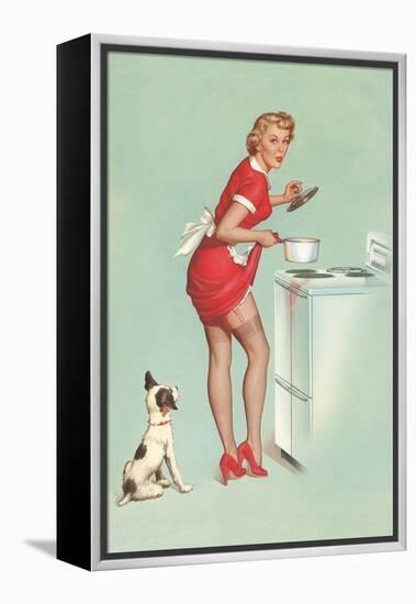 Woman Cooking in Short Skirt-null-Framed Stretched Canvas