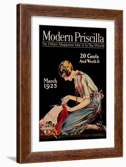 Woman Cuts a Dress Patter with Her Scissors-null-Framed Art Print