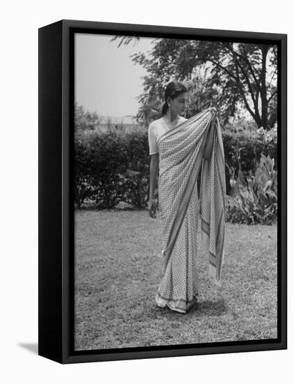 Woman Demonstrating How to Put on an Indian Sari-null-Framed Premier Image Canvas