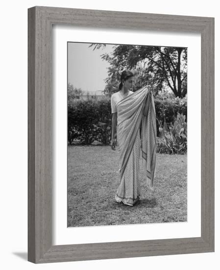 Woman Demonstrating How to Put on an Indian Sari-null-Framed Photographic Print