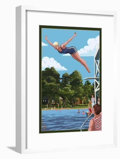 Woman Diving and Lake-Lantern Press-Framed Art Print