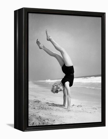 Woman Does Handstand on the Beach (B&W)-Hulton Archive-Framed Premier Image Canvas