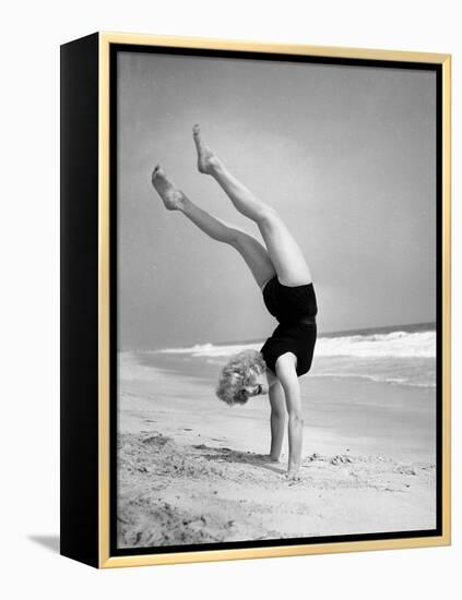 Woman Does Handstand on the Beach (B&W)-Hulton Archive-Framed Premier Image Canvas