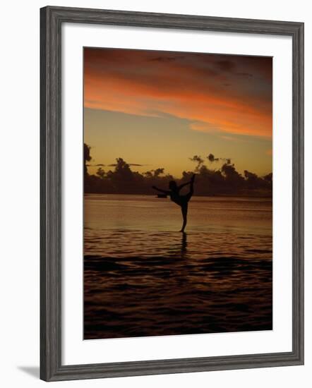 Woman Doing Yoga in Water at Sunset, Tahiti-Barry Winiker-Framed Photographic Print