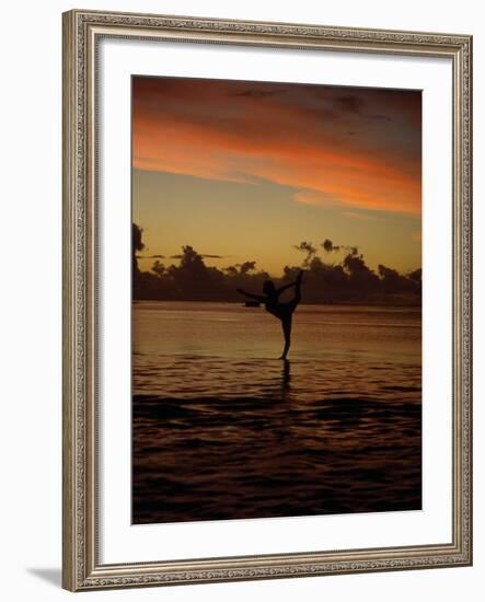 Woman Doing Yoga in Water at Sunset, Tahiti-Barry Winiker-Framed Photographic Print