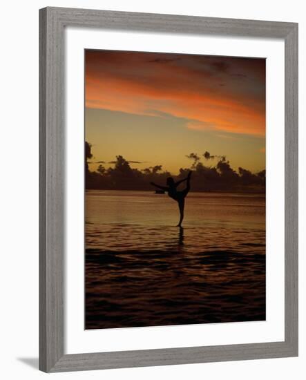 Woman Doing Yoga in Water at Sunset, Tahiti-Barry Winiker-Framed Photographic Print