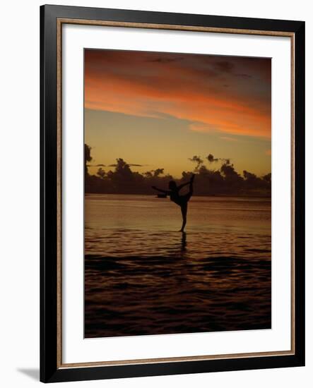 Woman Doing Yoga in Water at Sunset, Tahiti-Barry Winiker-Framed Photographic Print