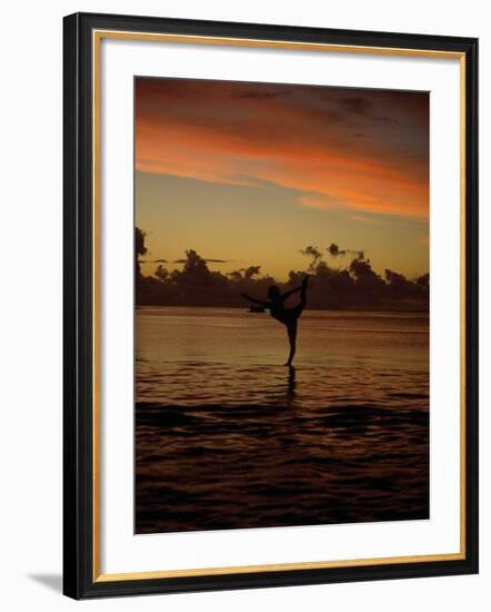 Woman Doing Yoga in Water at Sunset, Tahiti-Barry Winiker-Framed Photographic Print