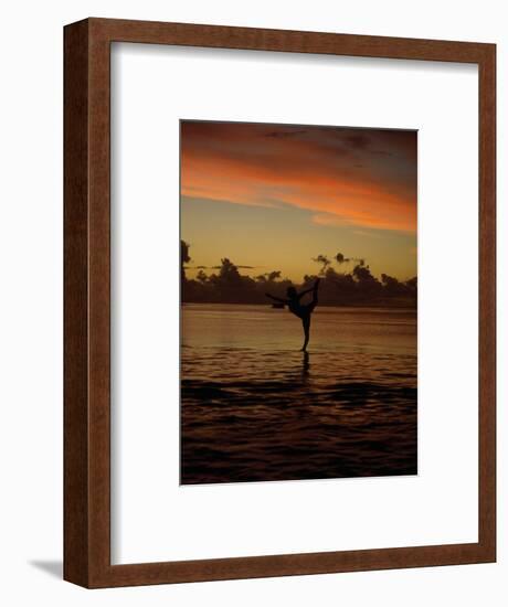 Woman Doing Yoga in Water at Sunset, Tahiti-Barry Winiker-Framed Photographic Print