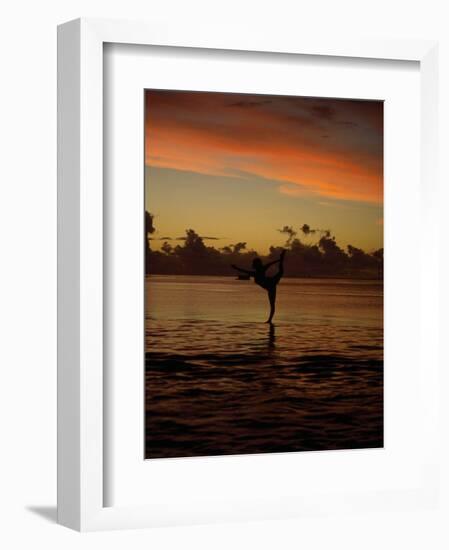 Woman Doing Yoga in Water at Sunset, Tahiti-Barry Winiker-Framed Photographic Print