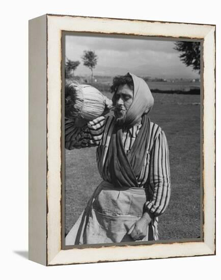 Woman Drinking a Bottles of Wine from a Story Concerning Italy-null-Framed Premier Image Canvas