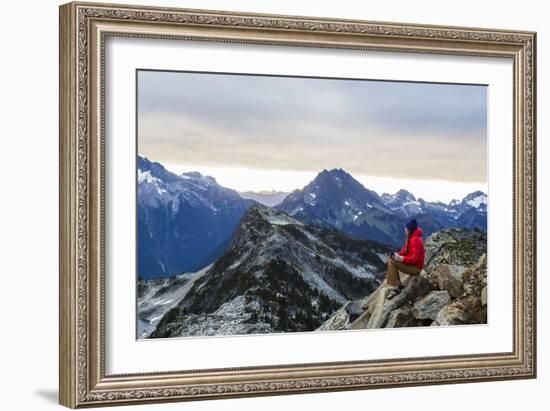 Woman Drinks Her Morning Coffee On A Mountain Top In North Cascades National Park, Washington-Hannah Dewey-Framed Photographic Print