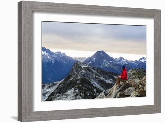 Woman Drinks Her Morning Coffee On A Mountain Top In North Cascades National Park, Washington-Hannah Dewey-Framed Photographic Print