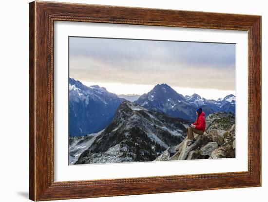 Woman Drinks Her Morning Coffee On A Mountain Top In North Cascades National Park, Washington-Hannah Dewey-Framed Photographic Print