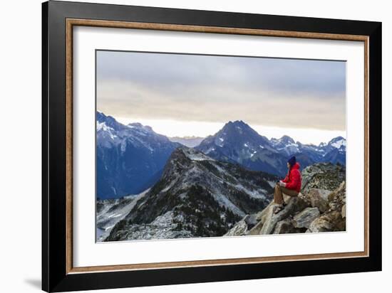 Woman Drinks Her Morning Coffee On A Mountain Top In North Cascades National Park, Washington-Hannah Dewey-Framed Photographic Print