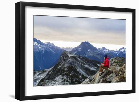 Woman Drinks Her Morning Coffee On A Mountain Top In North Cascades National Park, Washington-Hannah Dewey-Framed Photographic Print