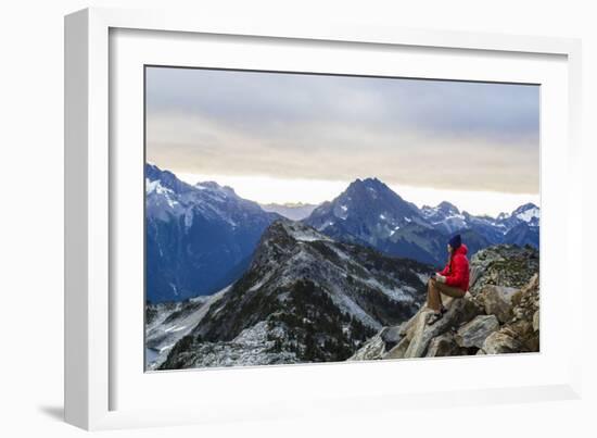 Woman Drinks Her Morning Coffee On A Mountain Top In North Cascades National Park, Washington-Hannah Dewey-Framed Photographic Print