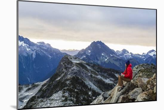 Woman Drinks Her Morning Coffee On A Mountain Top In North Cascades National Park, Washington-Hannah Dewey-Mounted Photographic Print